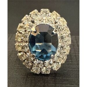 Vintage Rhinestone Ring Blue Silver Tone Adjustable